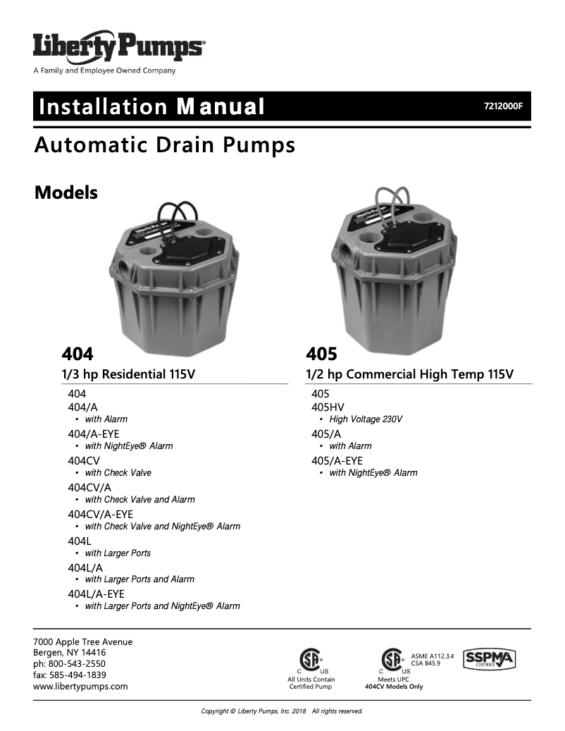 Page 1 de la notice Guide d'installation Liberty Pumps 405