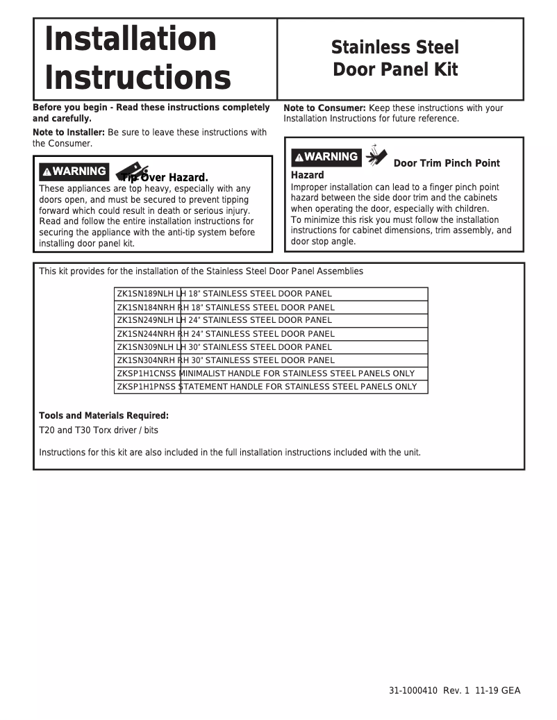 Page n°1 - Manuel utilisateur Monogram ZK1SN309NLH