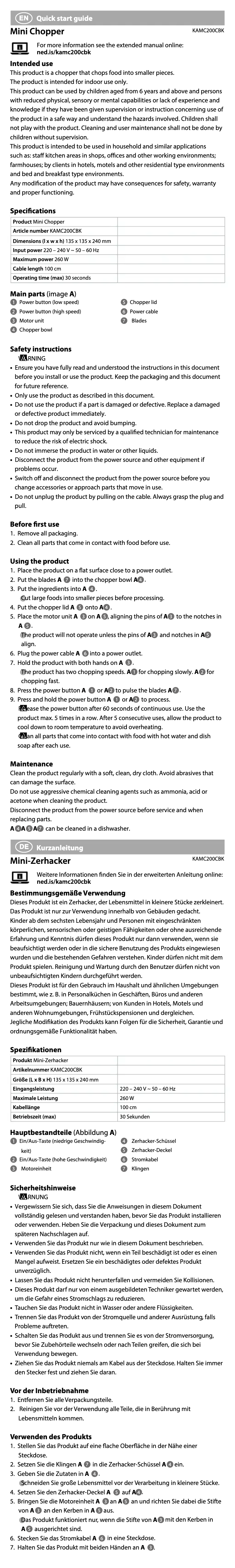 Image de la première page du manuel de l'appareil KAMC200CBK