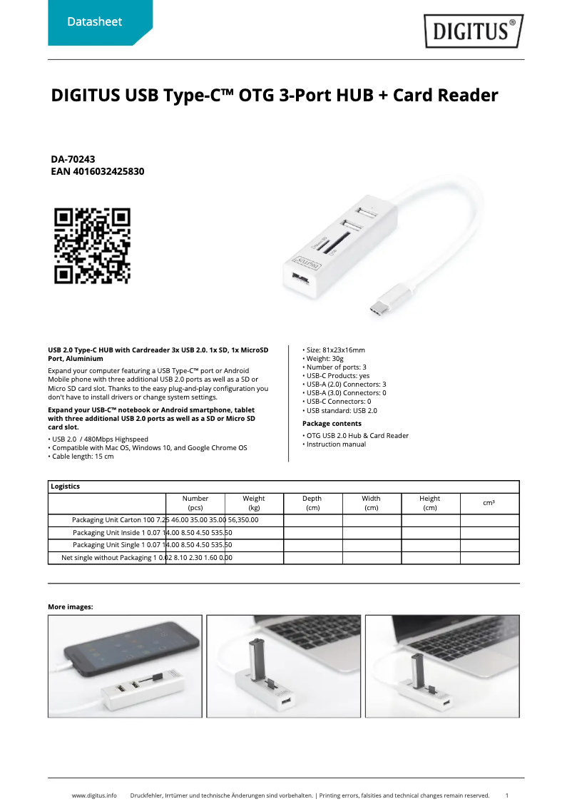 Page 1 de la notice Fiche technique Digitus DA-70243