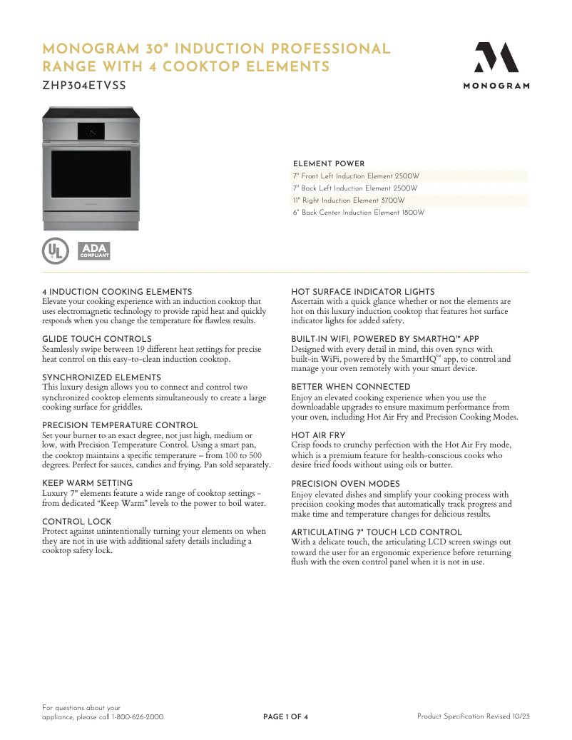 Page 1 de la notice Fiche technique Monogram ZHP304ETVSS