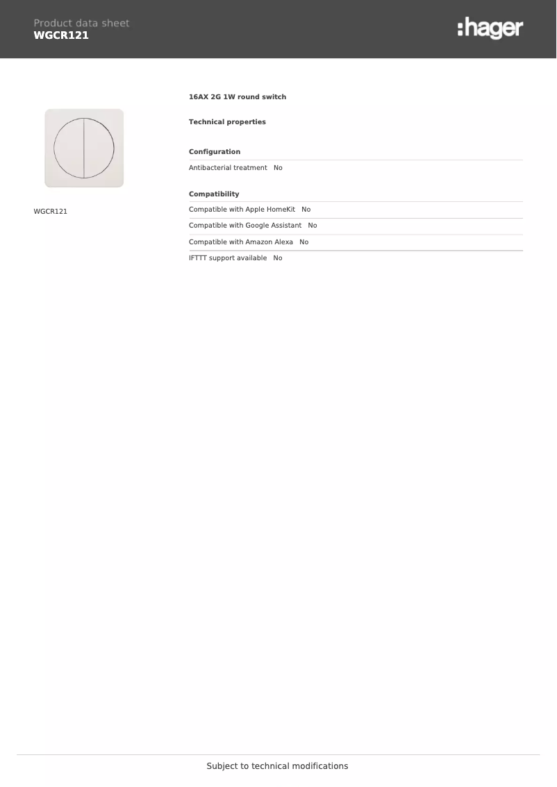 Page 1 de la notice Fiche technique Hager WGCR121