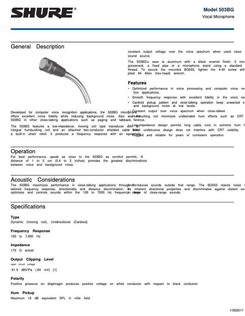 Page 1 de la notice Manuel utilisateur Shure 503BG