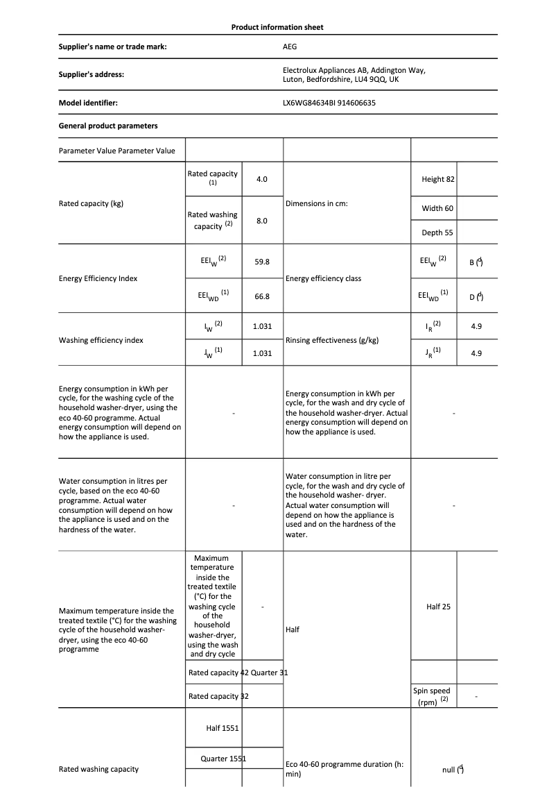 Página 1 del manual Ficha técnica AEG LX6WG84634BI
