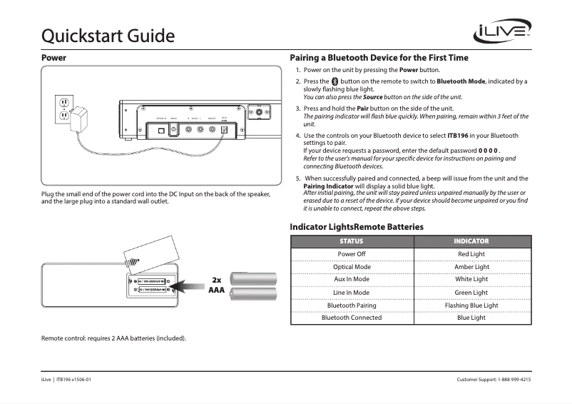 Page 1 de la notice Guide de démarrage rapide iLive ITB196B