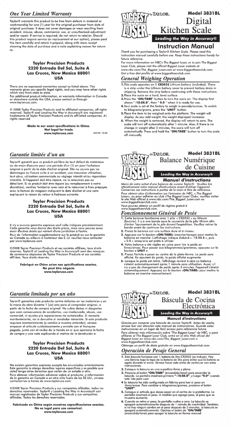 Page 1 de la notice Manuel utilisateur Taylor Biggest Loser 3831BL