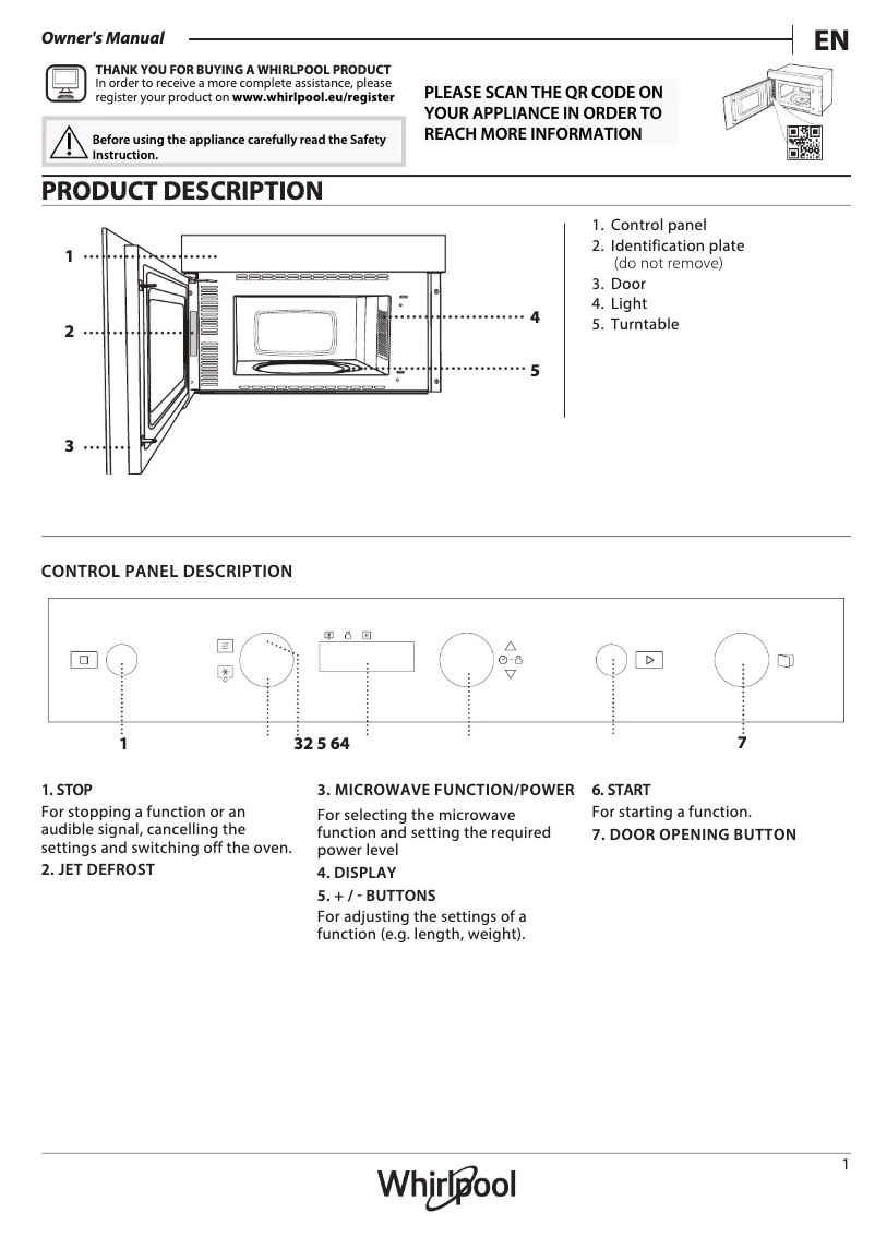 Page 1 de la notice Manuel d'utilisation et d'entretien Whirlpool WMN461BX