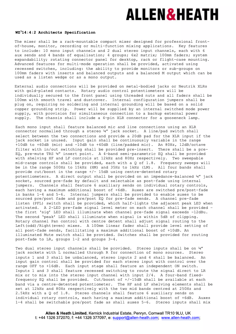 Página 1 del manual Ficha técnica Allen & Heath MixWizard3 14:4:2