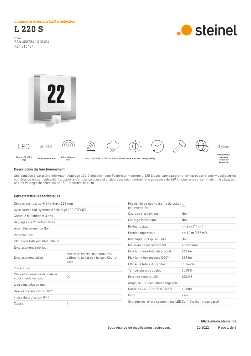 Page 1 de la notice Fiche technique Steinel L 220 S