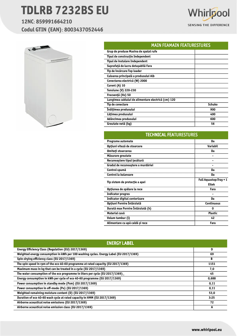 Página 1 del manual Ficha técnica Whirlpool TDLRB 7232BS