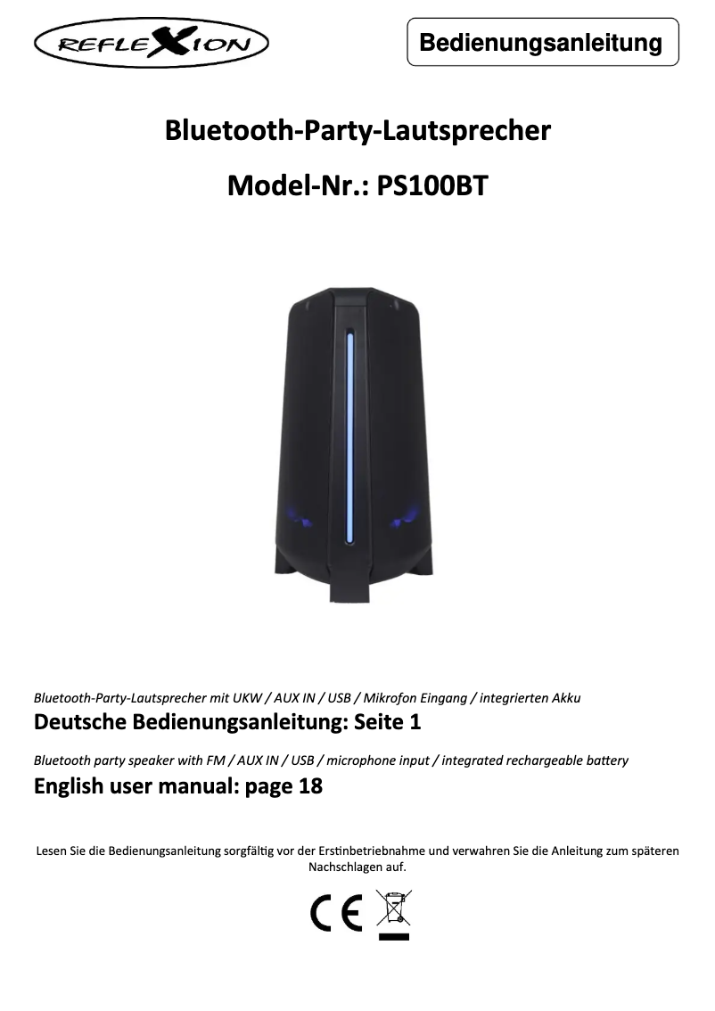 Page 1 de la notice Manuel utilisateur Reflexion PS100BT