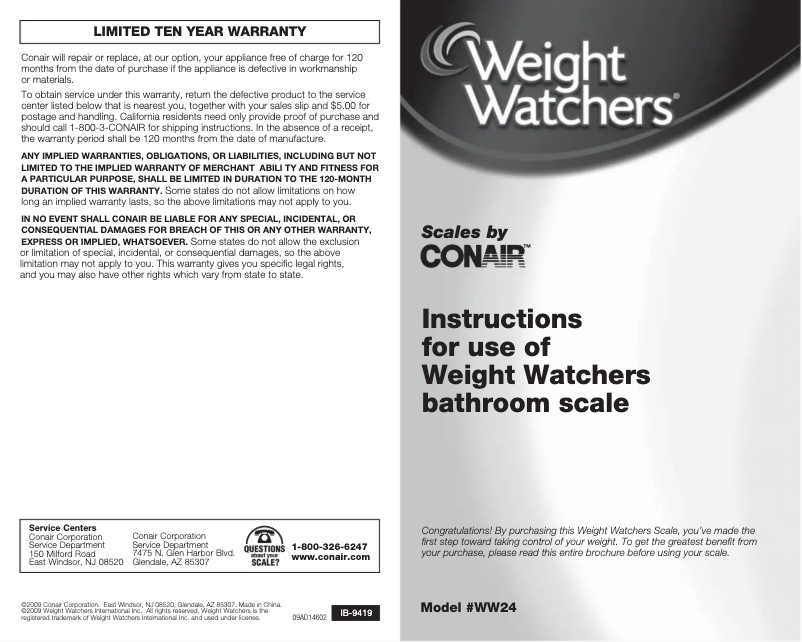 Page 1 de la notice Manuel utilisateur Conair Weight Watchers WW24WY