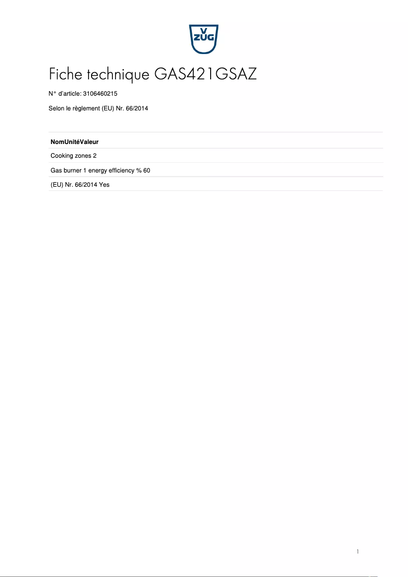 Page 1 of the manual Technical Sheet V-Zug GAS421GSAZ