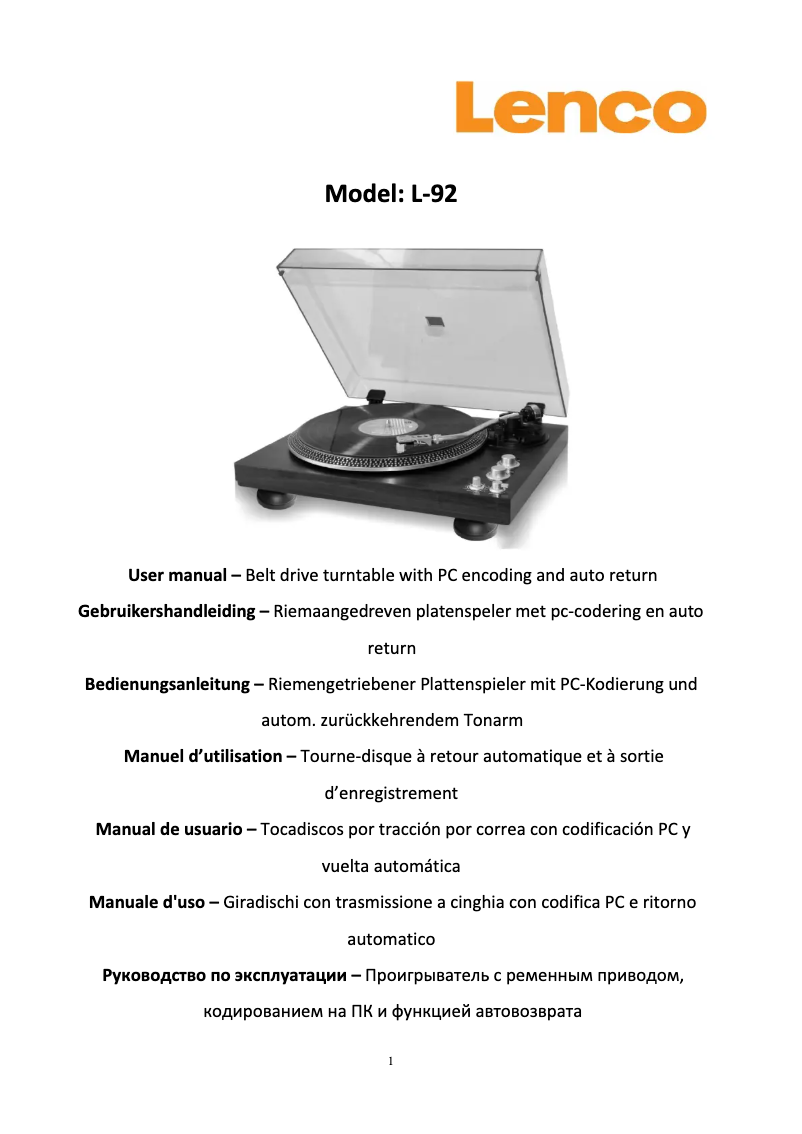 Page 1 de la notice Manuel utilisateur Lenco L-92WA