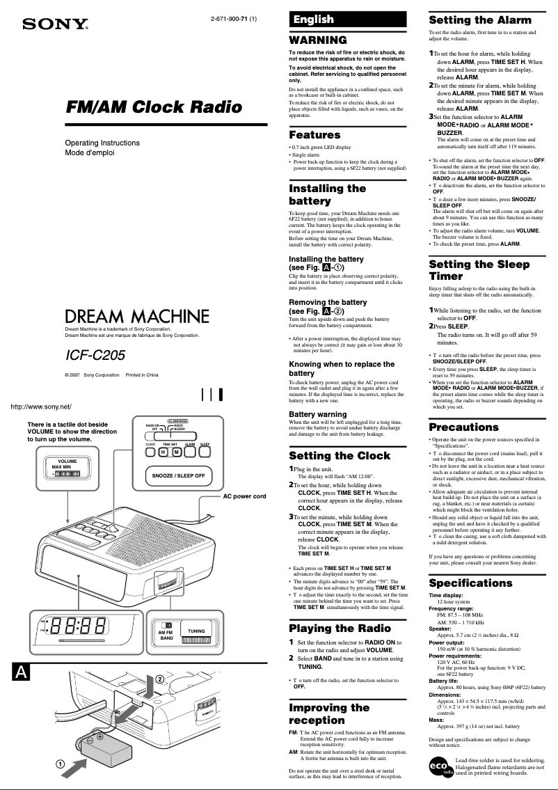 Page n°1 - Manuel utilisateur Sony ICF-C205