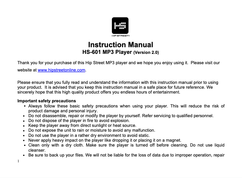 Page 1 de la notice Manuel utilisateur Hipstreet HS-601