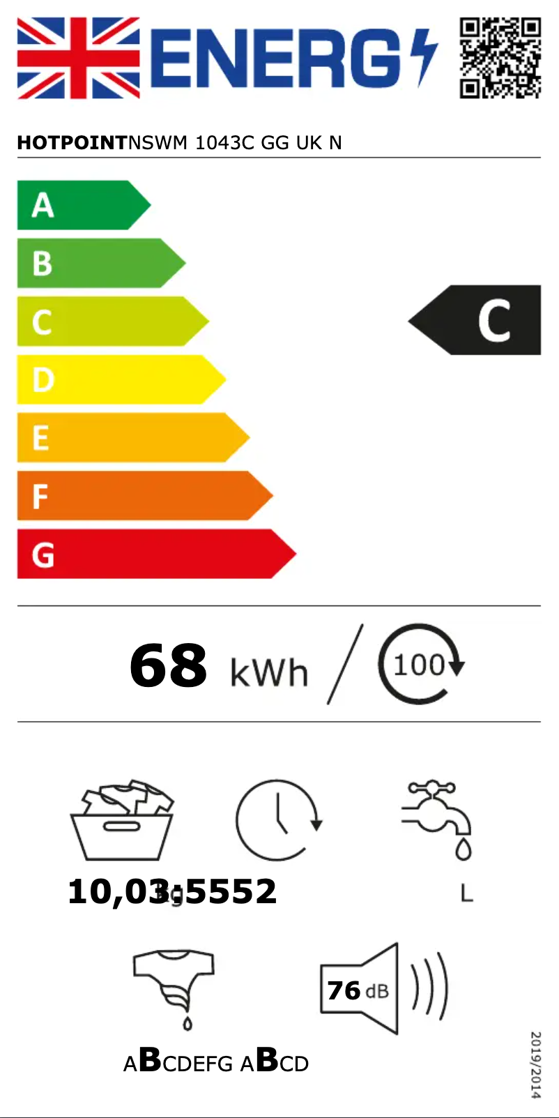 Page 1 de la notice Label énergétique Hotpoint NSWM 1043C GG UK N