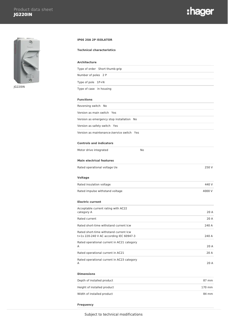 Page 1 de la notice Fiche technique Hager JG220IN