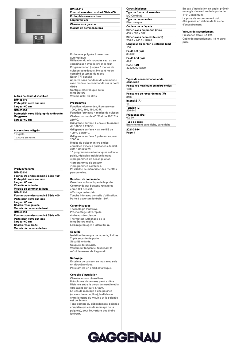 Page 1 de la notice Fiche technique Gaggenau BM455110
