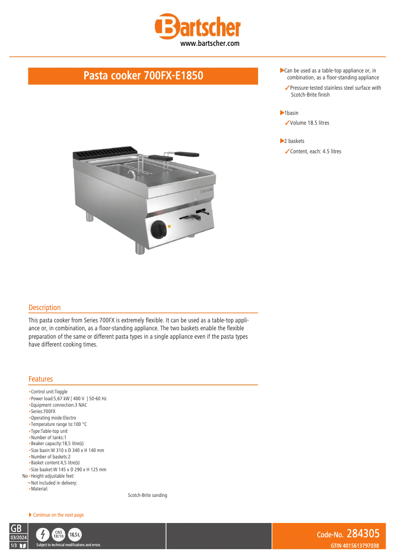 Page 1 de la notice Fiche technique Bartscher 700FX-E1850