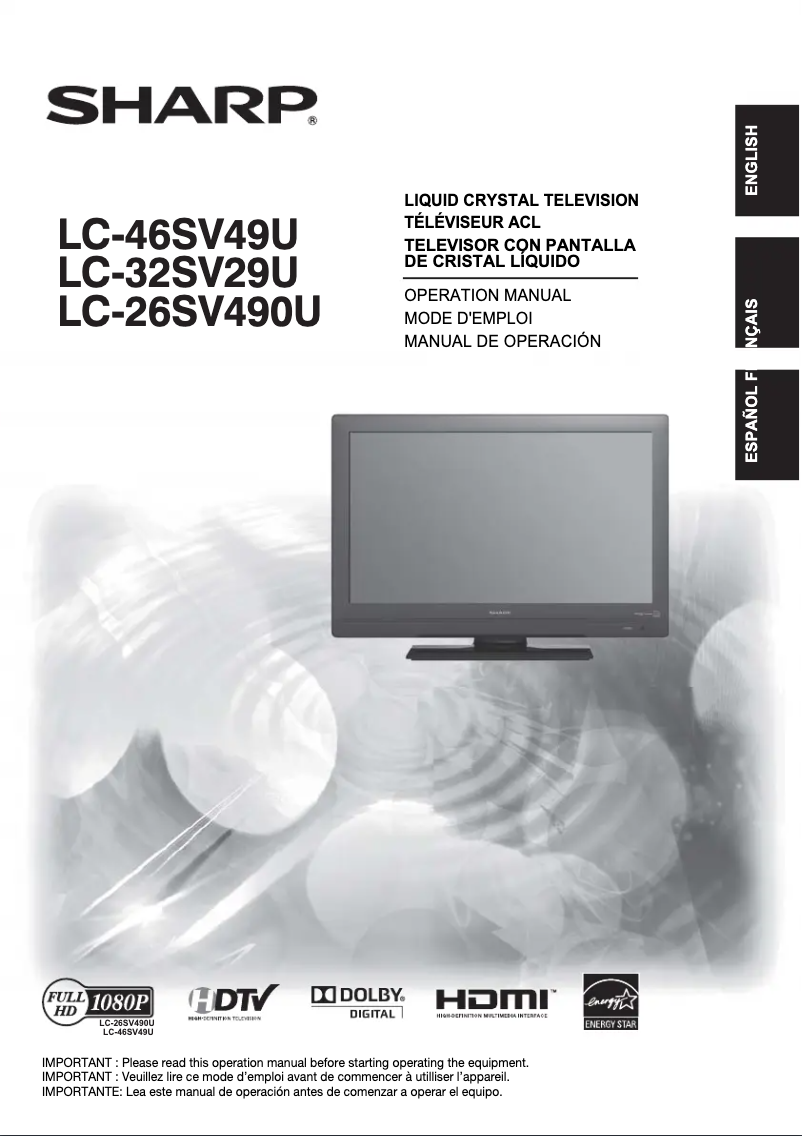 Page 1 of the manual User Manual Sharp Aquos LC-26SV490U