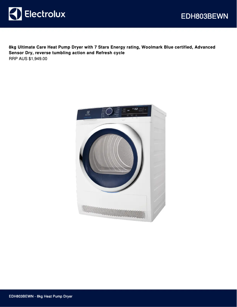 Page 1 de la notice Fiche technique Electrolux EDH803BEWN