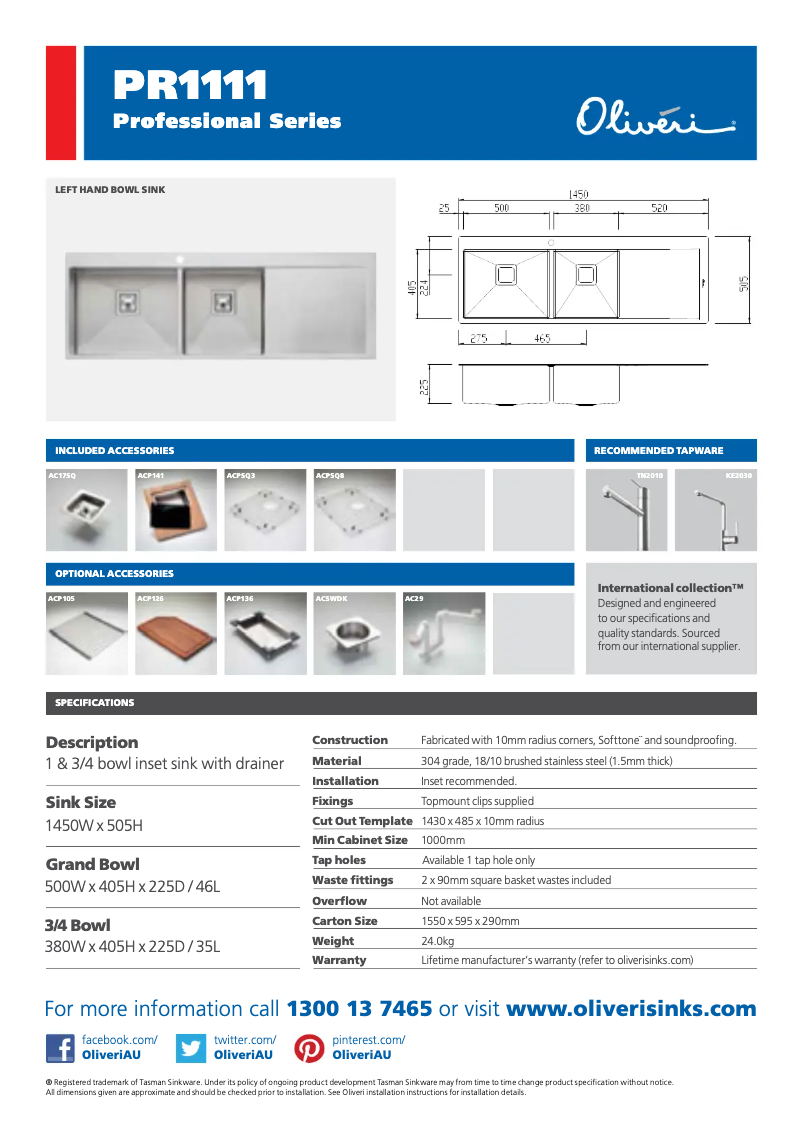 Page 1 de la notice Fiche technique Oliveri PR1111