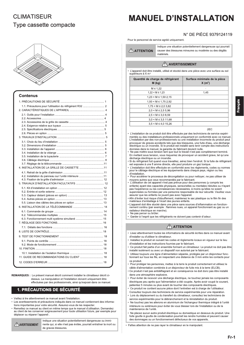 Page 1 de la notice Manuel utilisateur Fujitsu AUXG12KVLA