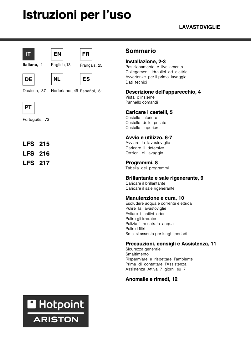Page n°1 - Manuel utilisateur Hotpoint Ariston LFS 216 A IX HA