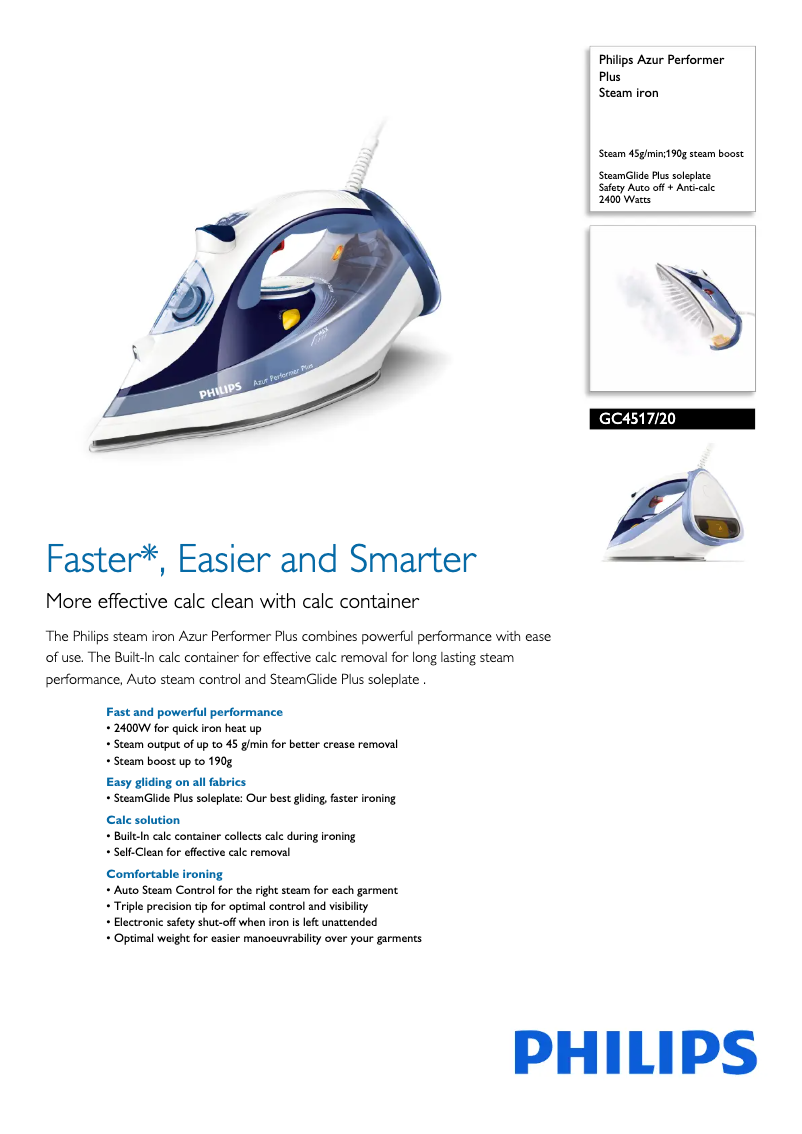 Page 1 de la notice Fiche technique Philips Azur Performer Plus GC4517