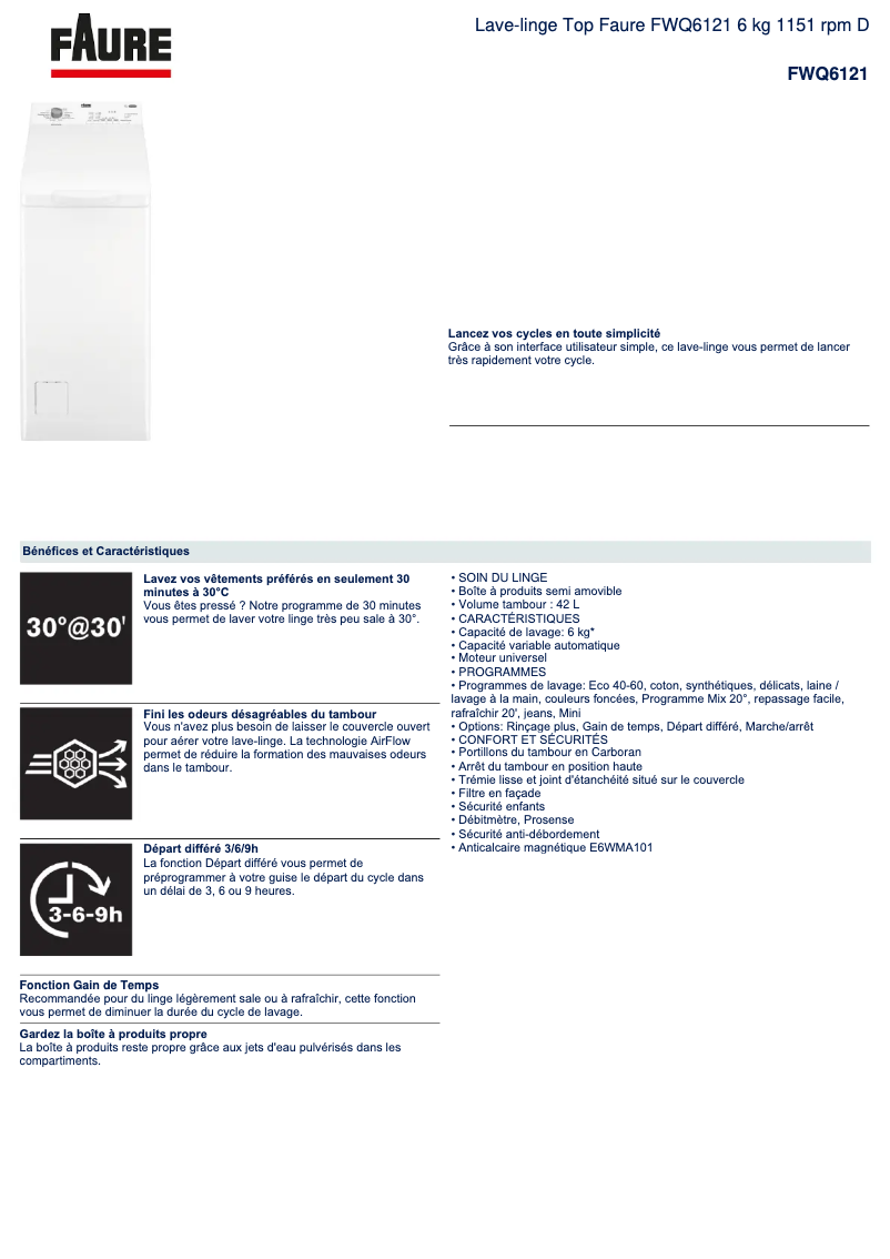 Page 1 de la notice Fiche technique Faure FWQ6121