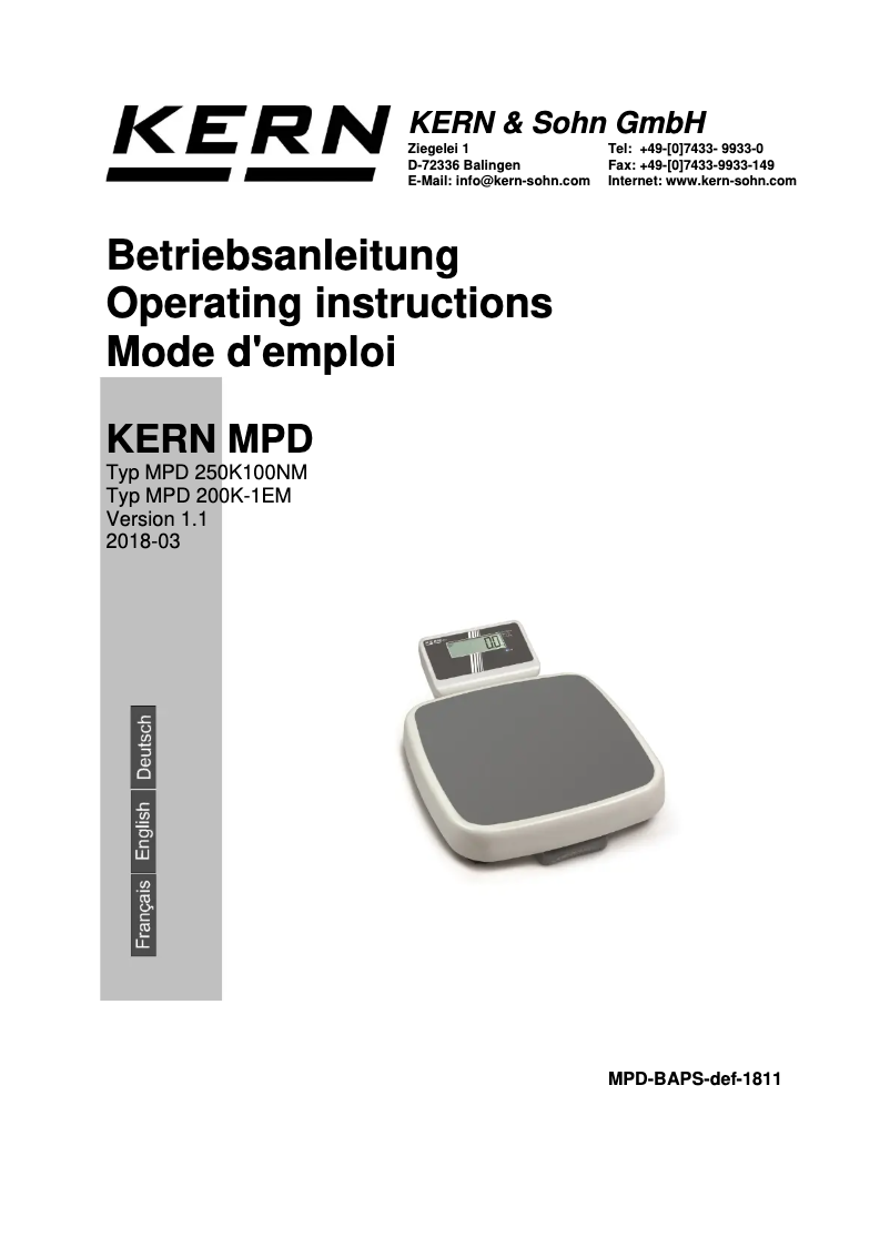 Page 1 de la notice Manuel utilisateur Kern MPD 200K-1EM