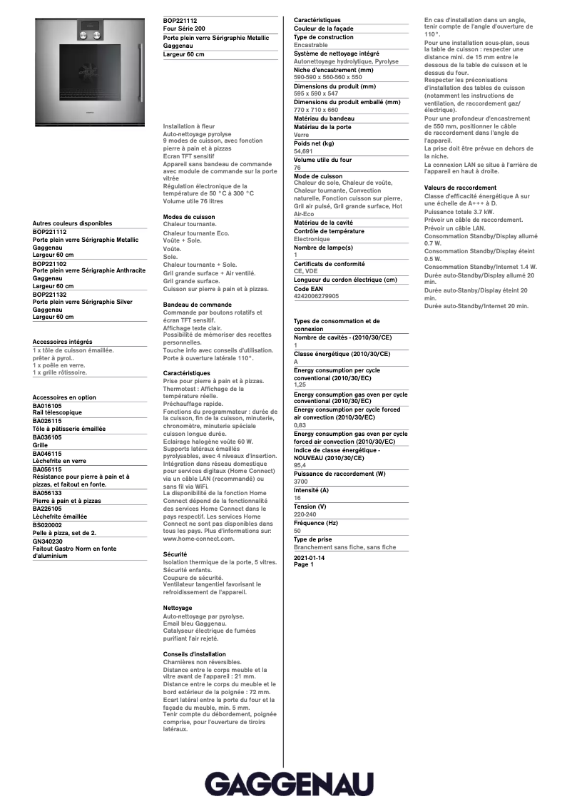 Page 1 de la notice Fiche technique Gaggenau BOP221112