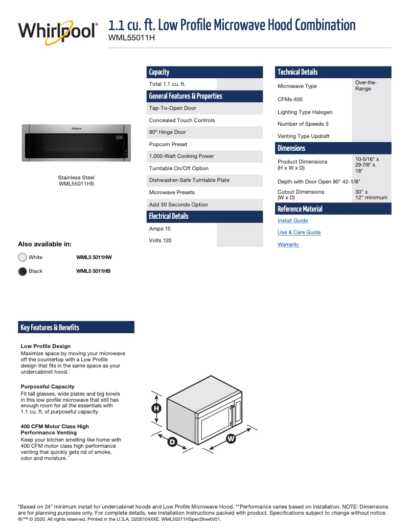 Page 1 de la notice Fiche technique Whirlpool WML55011HW