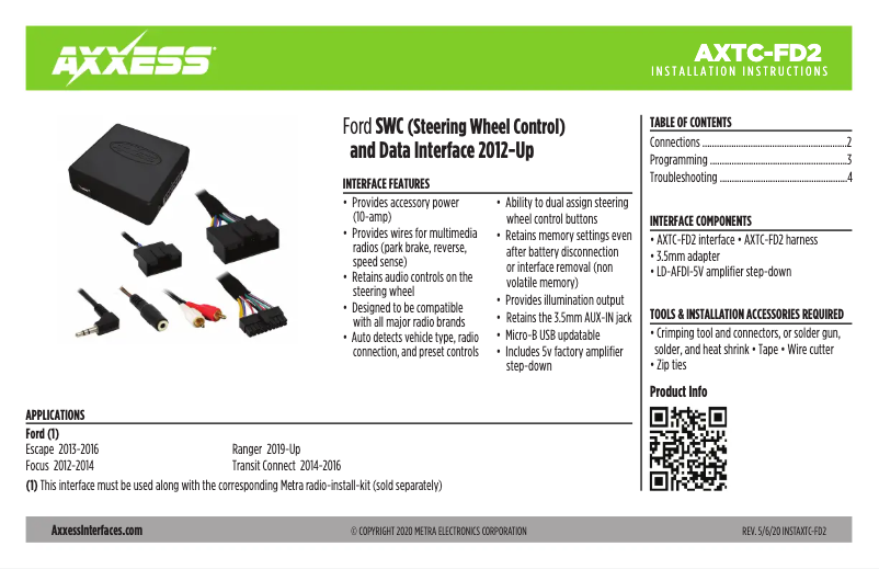 Page 1 de la notice Manuel utilisateur Metra AXTC-FD2