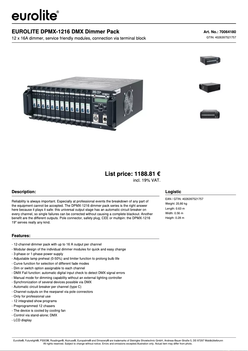 Page n°1 - Fiche technique Eurolite DPMX-1216 DMX