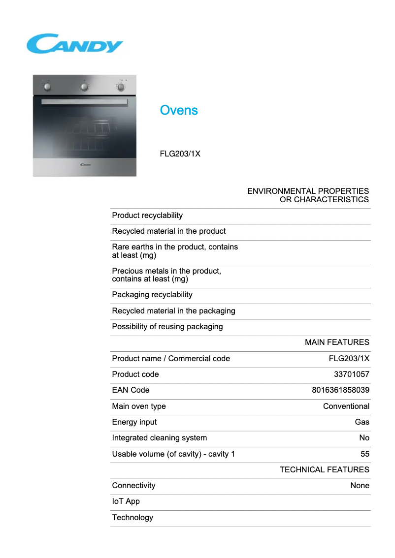 Page 1 de la notice Fiche technique Candy FLG203/1X