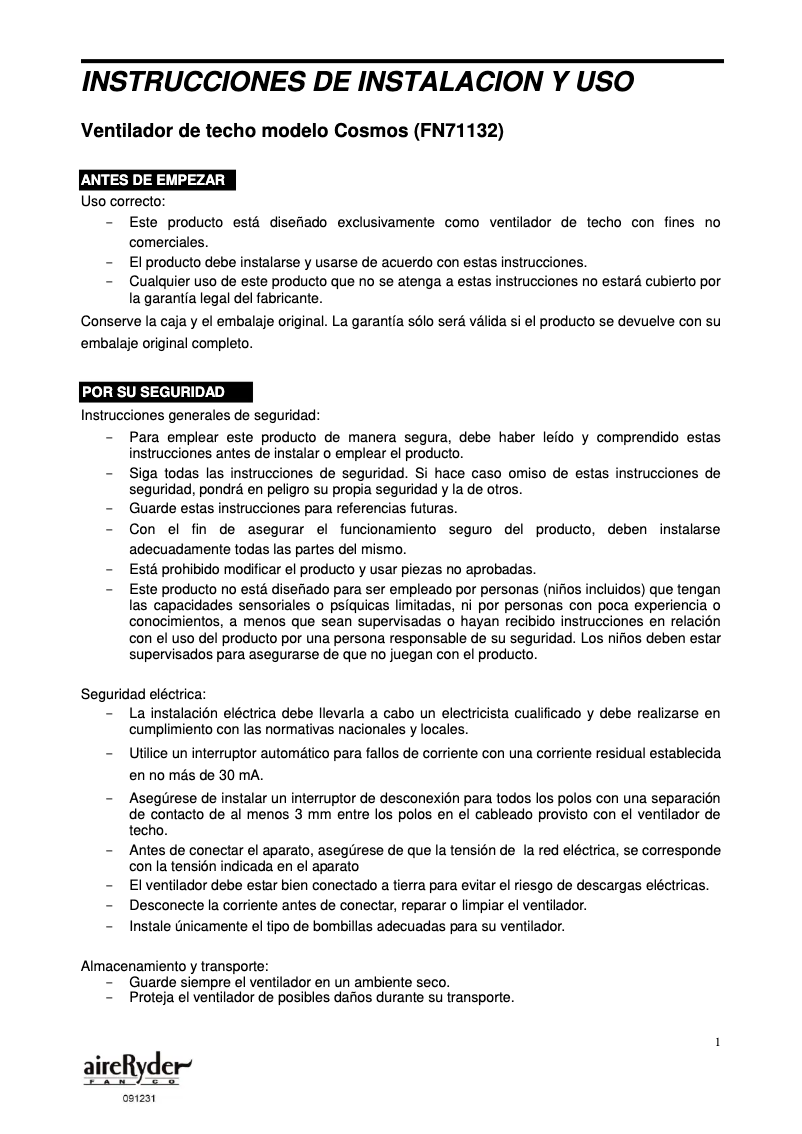 Image de la première page du manuel de l'appareil Cosmos