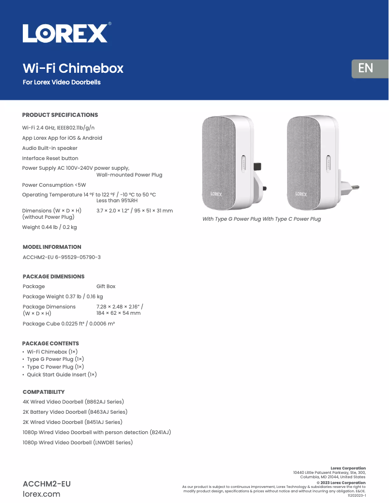 Page 1 de la notice Fiche technique Lorex ACCHM2