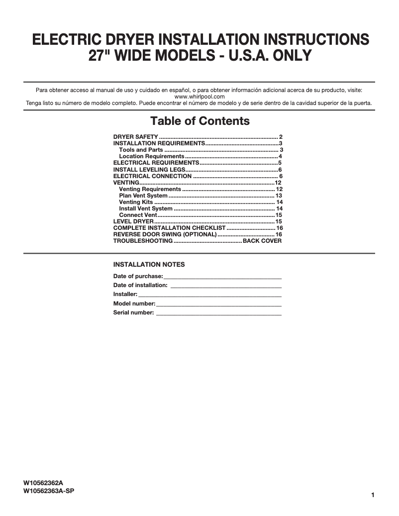 Página 1 del manual Guía de instalación Whirlpool Cabrio WED5800BC