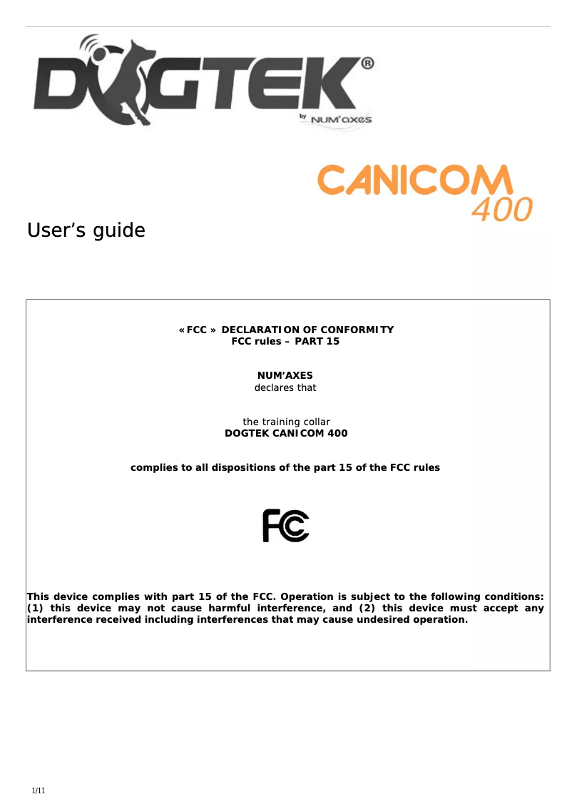 Page 1 de la notice Manuel utilisateur Canicom 400