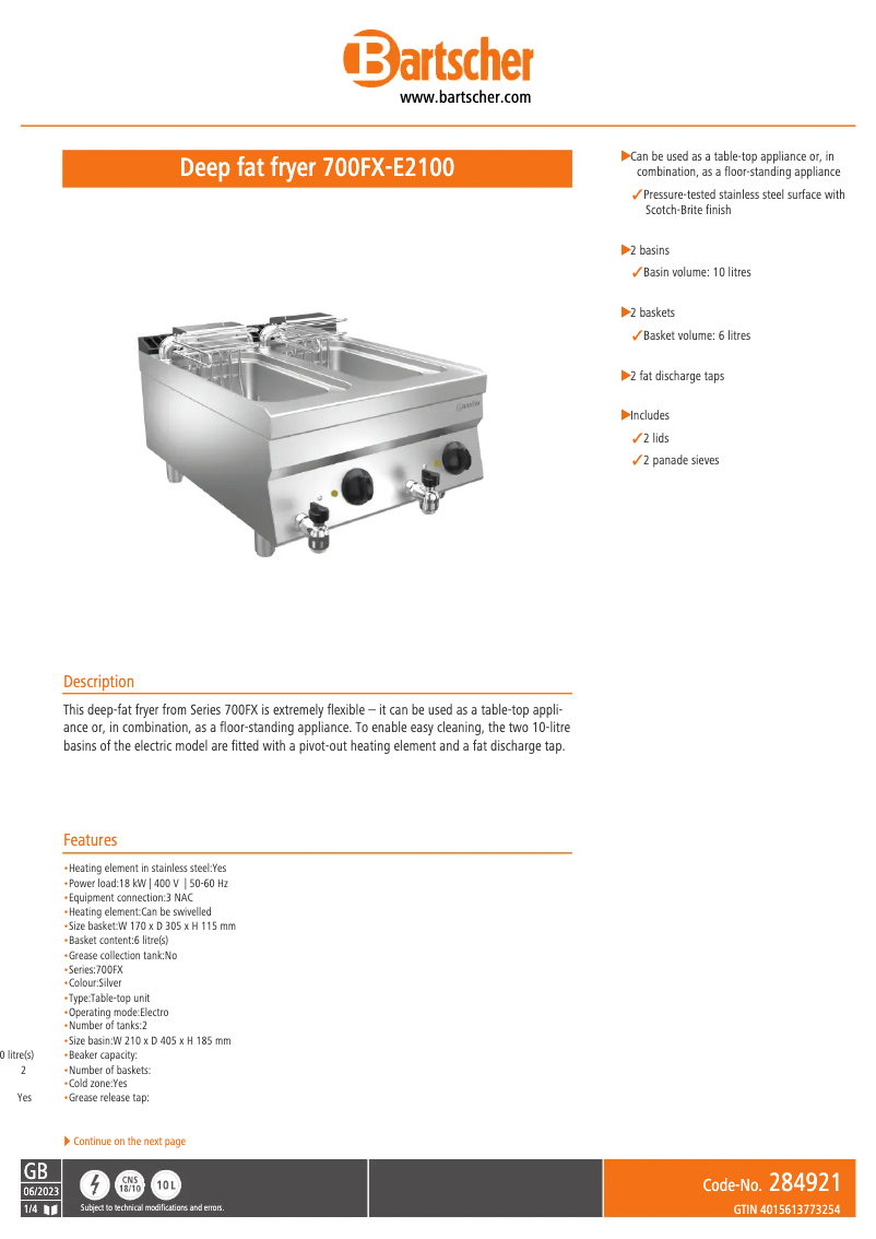 Page 1 de la notice Fiche technique Bartscher 700FX-E2100