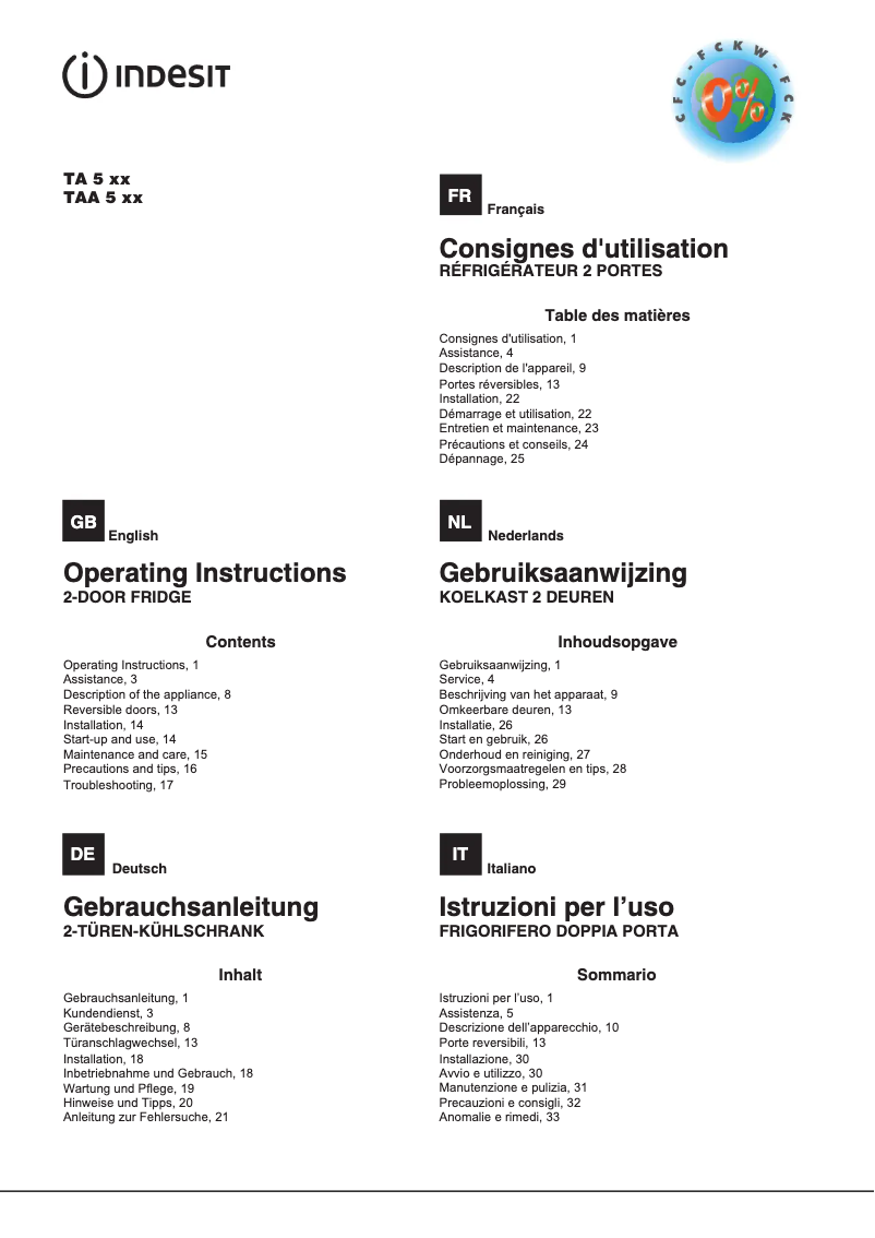 Page 1 de la notice Manuel utilisateur Indesit TAA 5 S 1