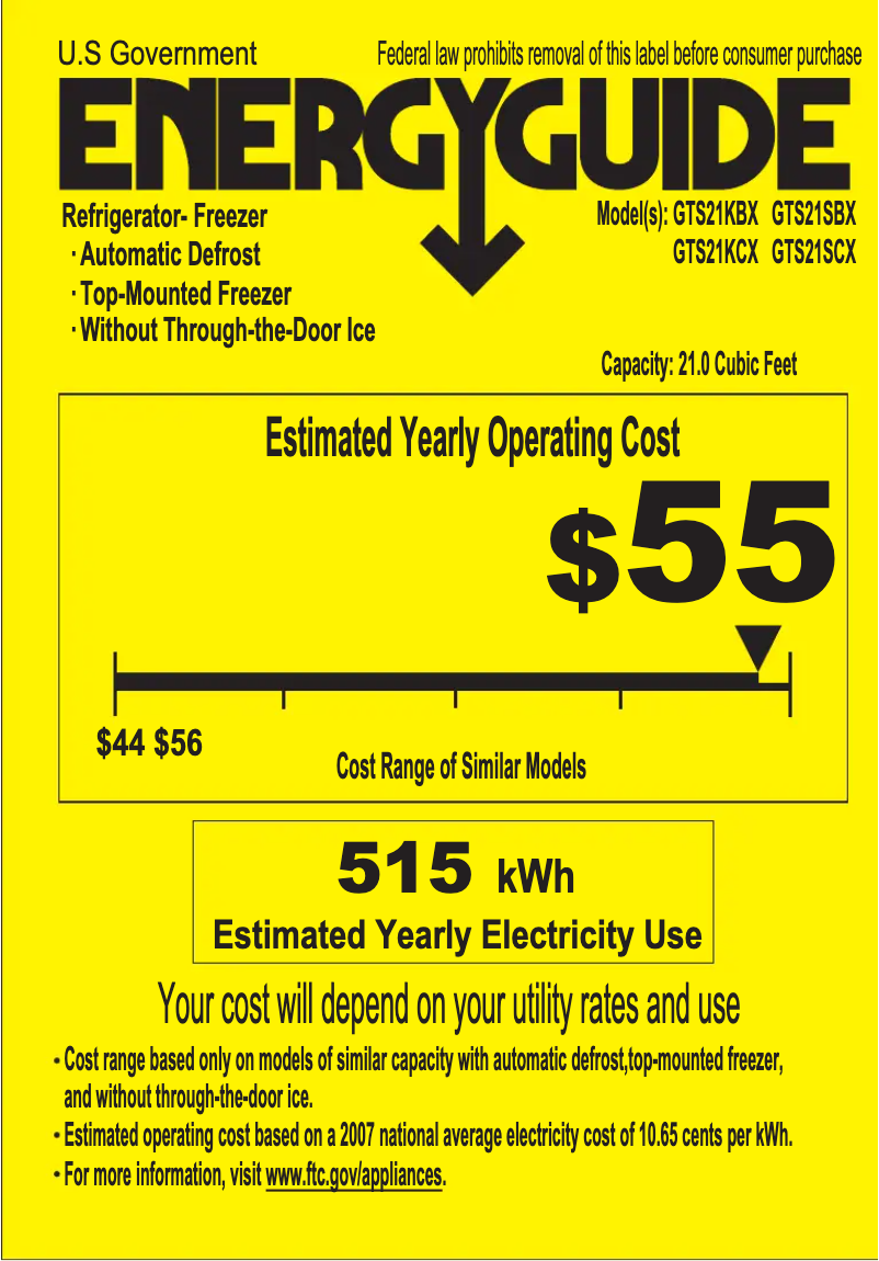 Page 1 de la notice Label énergétique GE GTS21KBXBB