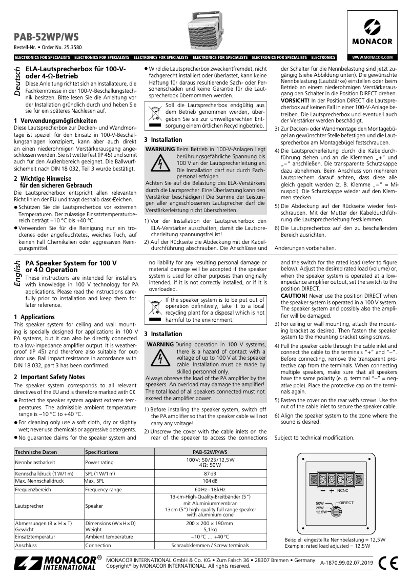 Page 1 de la notice Manuel utilisateur Monacor PAB-52WP/WS