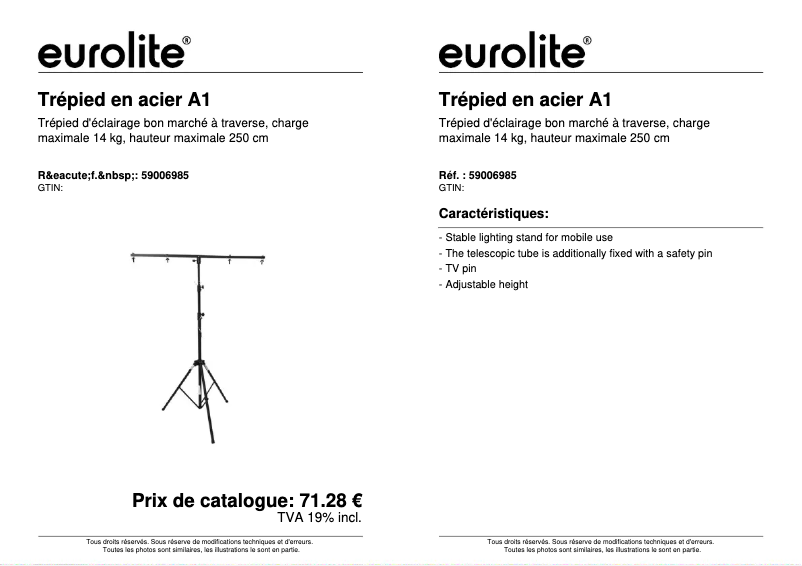 Page 1 de la notice Fiche technique Eurolite A1