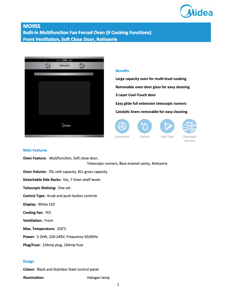 Page 1 de la notice Fiche technique Midea MO9SS
