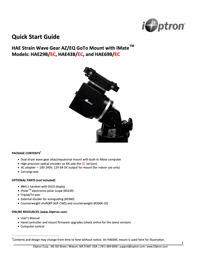 Page 1 de la notice Guide de démarrage rapide iOptron HAE29B