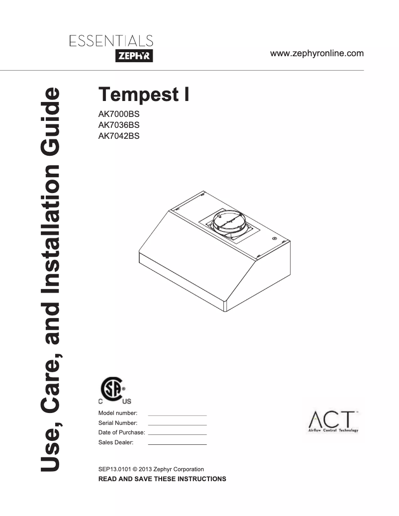 Página 1 del manual Manual de uso y mantenimiento Zephyr AK7036BS