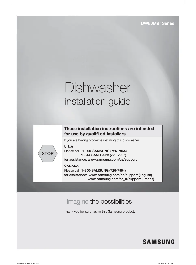 Page 1 de la notice Guide d'installation Samsung DW80M9960UG